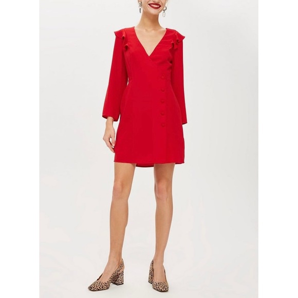 Topshop | Retro Mod Design Ruffle Details V-Neck Holiday Mini Blazer Dress - Picture 1 of 15